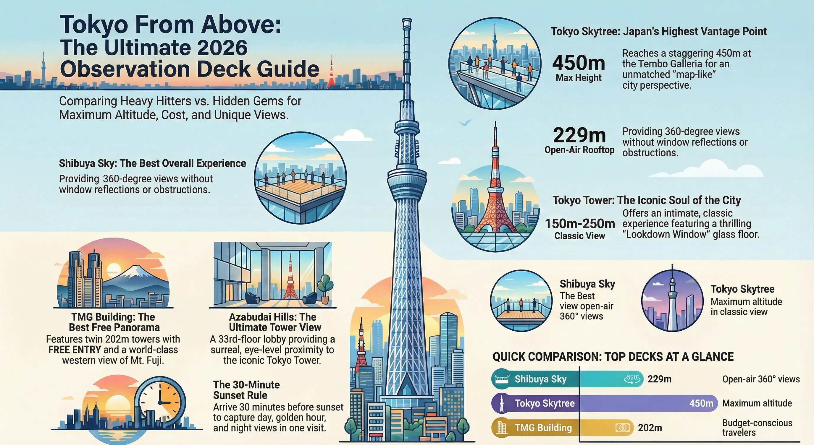 Panoramic view of Tokyo skyline from an observation deck at sunset