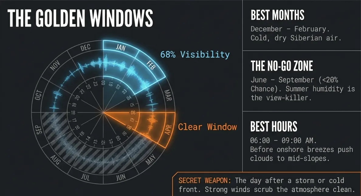 Best time to see mt fuji from tokyo golden windows best months hours infographic