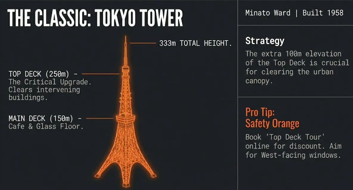 Tokyo tower observation deck mt fuji viewing strategy main deck top deck 333m