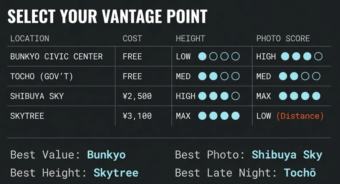 Tokyo observation decks comparison chart cost height photo score mt fuji views