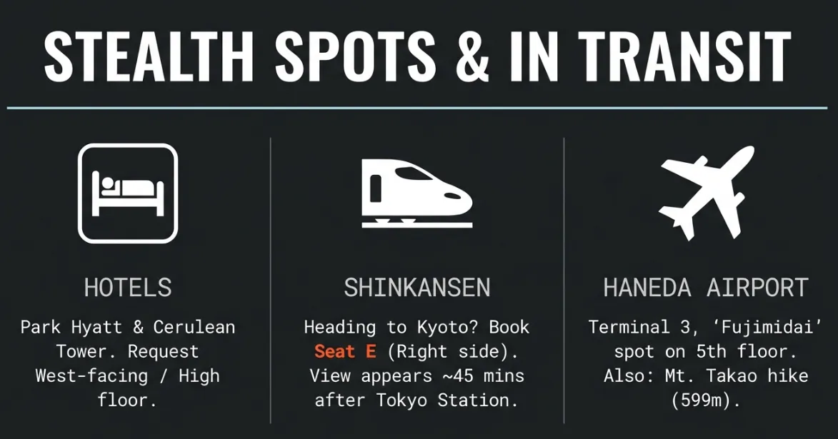 Mt fuji views from tokyo hotels shinkansen bullet train haneda airport stealth spots