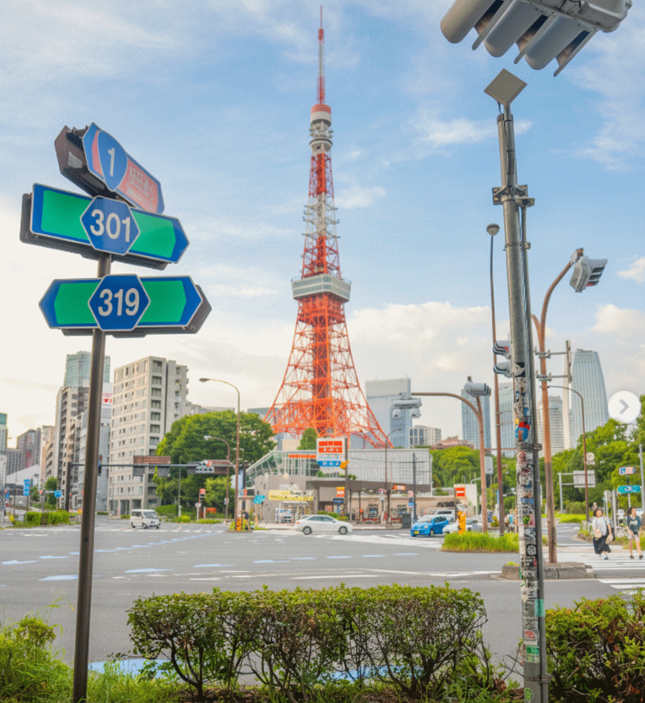 Tokyo Tower framed perfectly from underground parking staircase near Akabanebashi Station