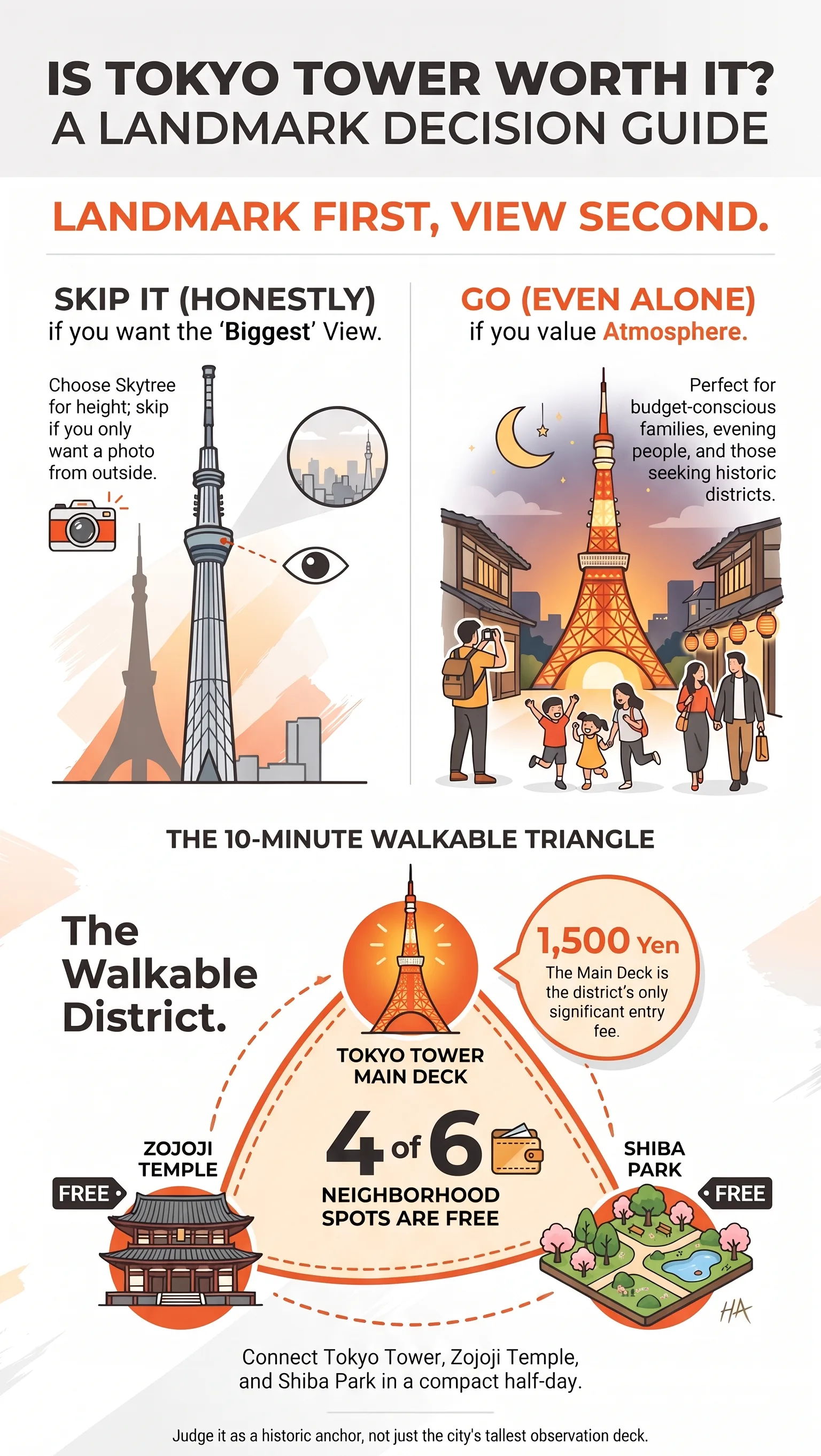 Is Tokyo Tower worth it - decision guide infographic: skip it for the biggest view or go for the atmosphere, with the free Zojoji Temple and Shiba Park walkable triangle and 1,500 yen Main Deck entry