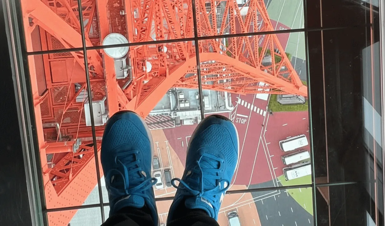 Visitors standing on transparent glass floor panel