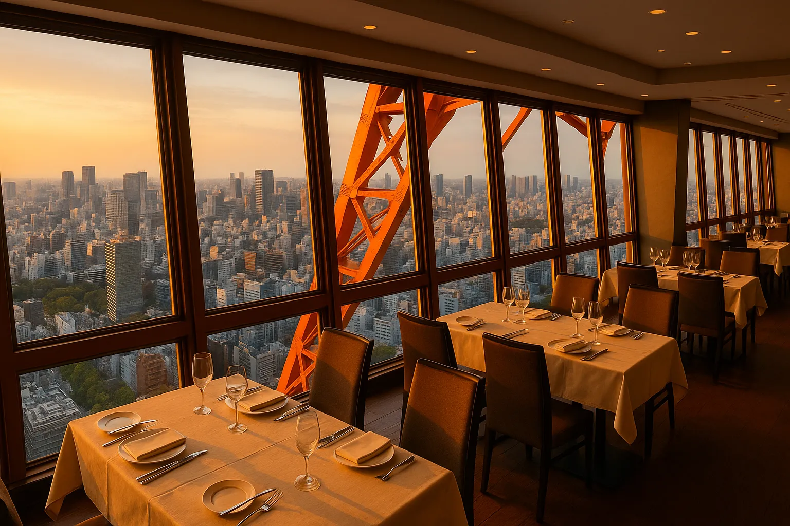 Restaurant dining area with panoramic city views