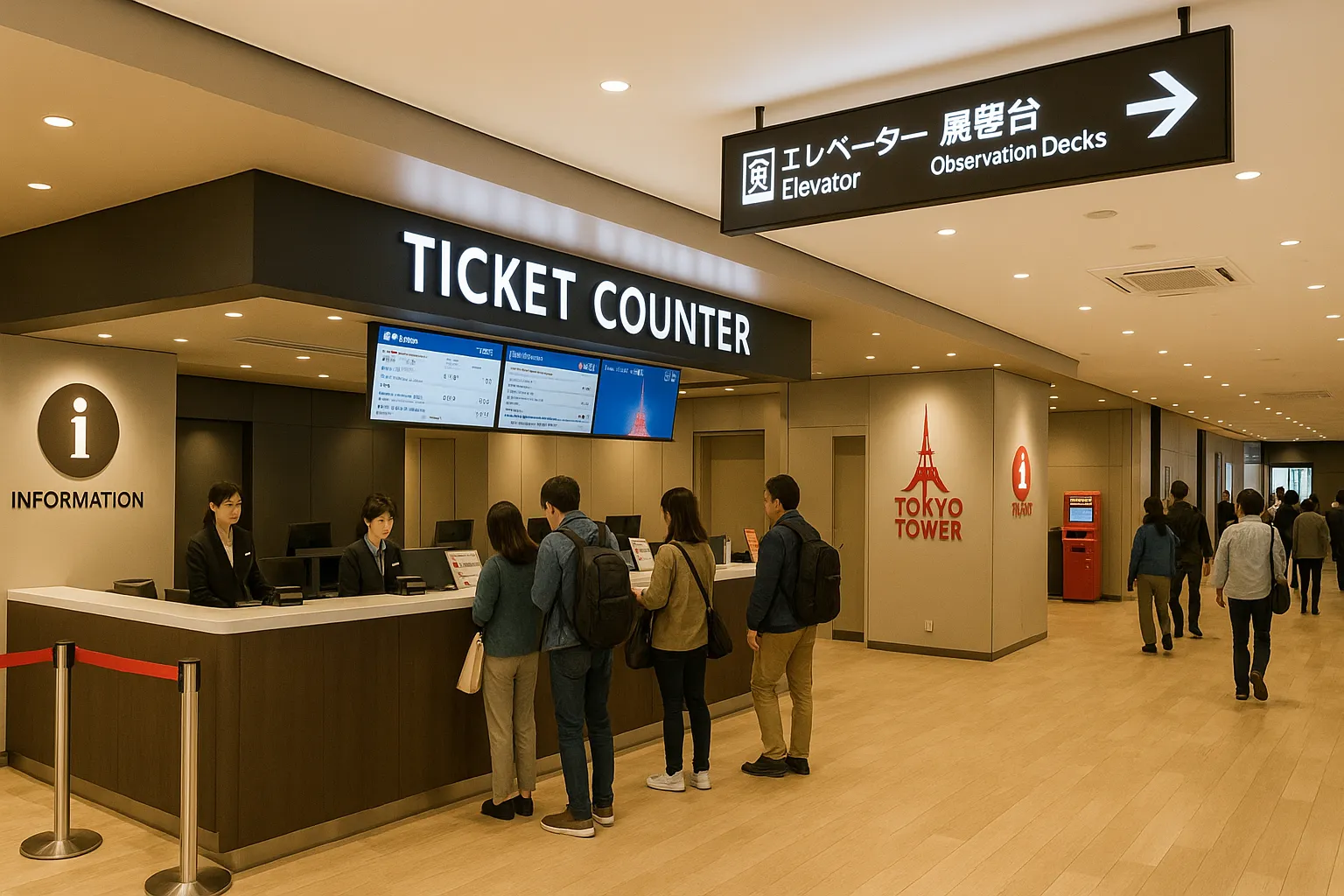 Tokyo Tower ticket counter with multilingual signage